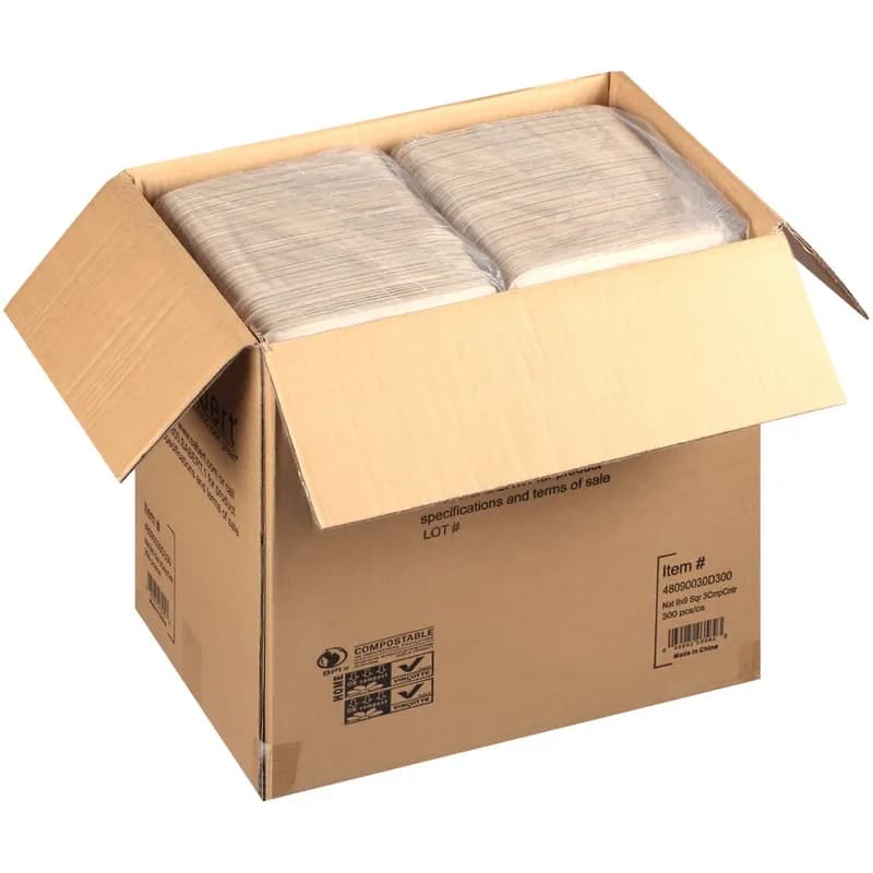 Take-Out Container Base 8.9X8.9X1.77 IN 3 Compartment Pulp Fiber Kraft Square 300/Case