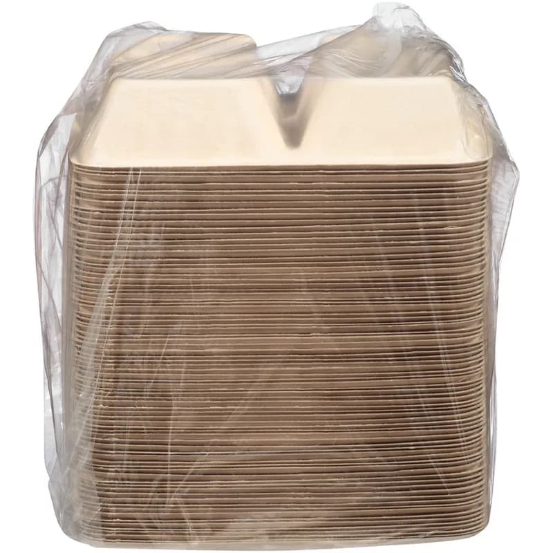 Take-Out Container Base 8.9X8.9X1.77 IN 3 Compartment Pulp Fiber Kraft Square 300/Case