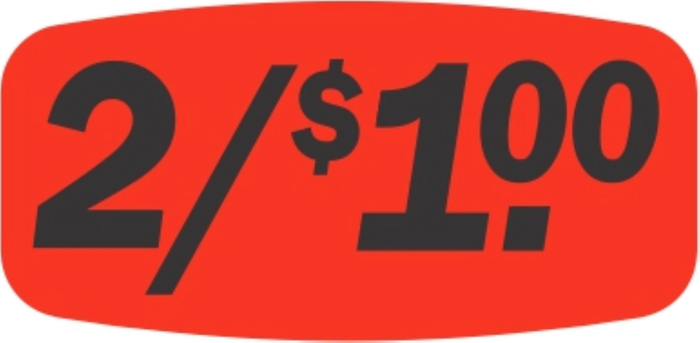 2/$1.00 Price Label 0.625X1.25 IN Black Fluorescent Red Short Oval 1000 Count/Roll 50 Rolls/Case 50000 Count/Case