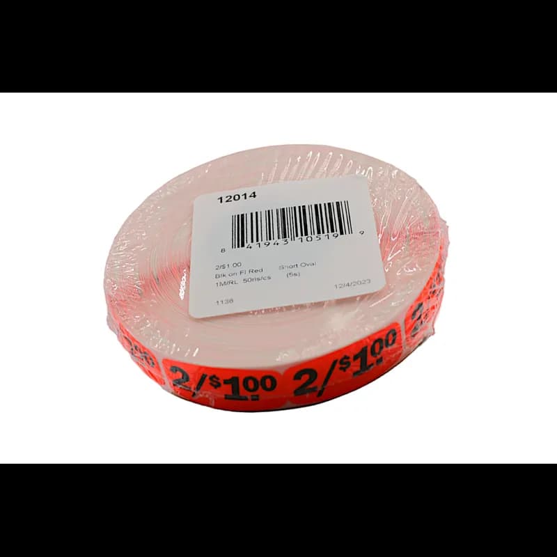2/$1.00 Price Label 0.625X1.25 IN Black Fluorescent Red Short Oval 1000 Count/Roll 50 Rolls/Case 50000 Count/Case
