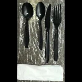 5PC Cutlery Kit PS Black Heavy Duty With Napkin,Fork,Knife,Soup Spoon,Spoon 250/Case