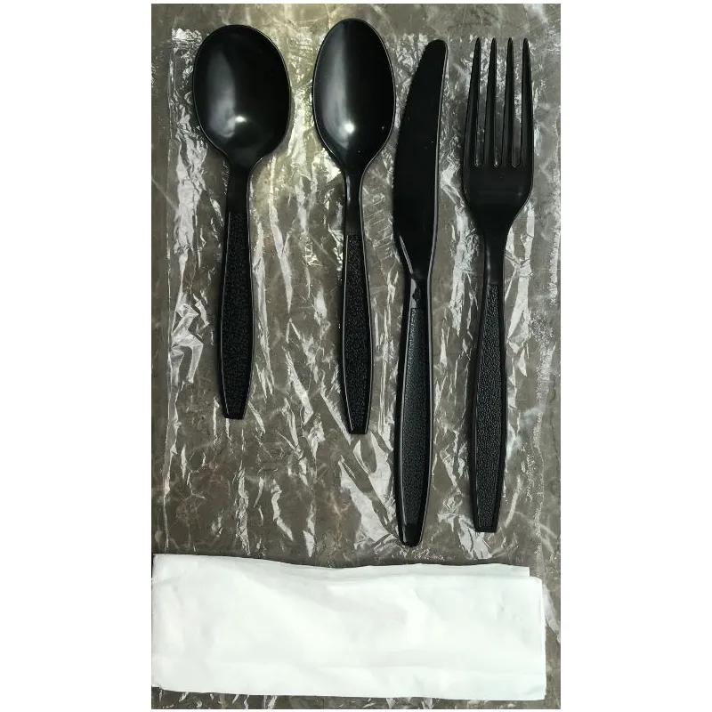 Victoria Bay 5PC Cutlery Kit PS Black Heavy Duty With Napkin,Fork,Knife,Soup Spoon,Spoon 250/Case