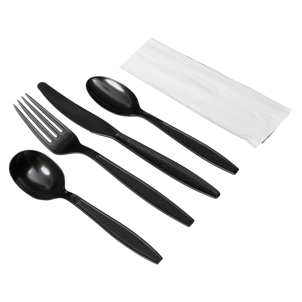 Victoria Bay 5PC Cutlery Kit PS Black Heavy Duty With Napkin,Fork,Knife,Soup Spoon,Spoon 250/Case