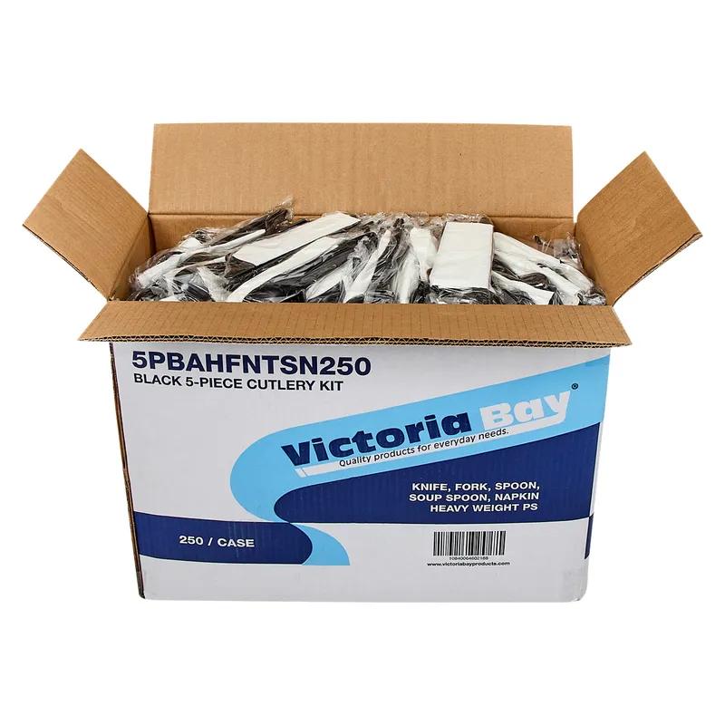 Victoria Bay 5PC Cutlery Kit PS Black Heavy Duty With Napkin,Fork,Knife,Soup Spoon,Spoon 250/Case