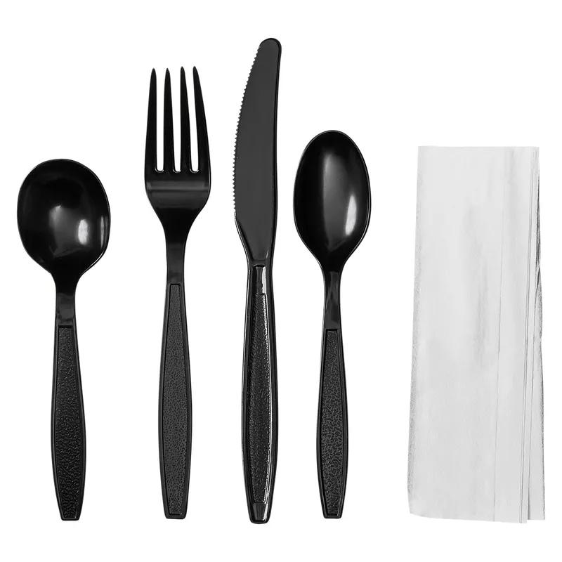 Victoria Bay 5PC Cutlery Kit PS Black Heavy Duty With Napkin,Fork,Knife,Soup Spoon,Spoon 250/Case