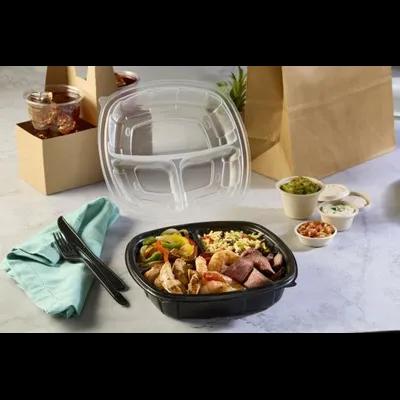 Take-Out Container Hinged With Dome Lid 9X9X1.86 IN 3 Compartment PP Black Clear Square 112/Case