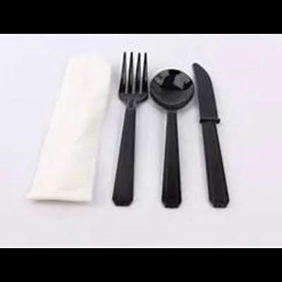 4PC Cutlery Kit PS Black Heavy Duty With Napkin,Fork,Knife,Soup Spoon 250/Case