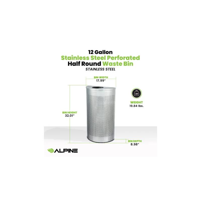 Trash Can 8.98X17.99X32.01 IN 12 GAL Black Half Round Stainless Steel Perforated 1/Each