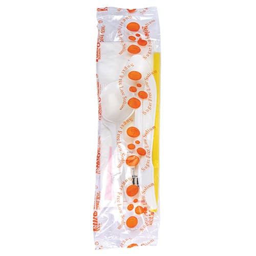 WNA 8PC Cutlery Kit Orange With Napkin,Flex Straw,Fork,Knife,Pepper,Soup Spoon,Sugar Substitute,Teaspoon 250/Case