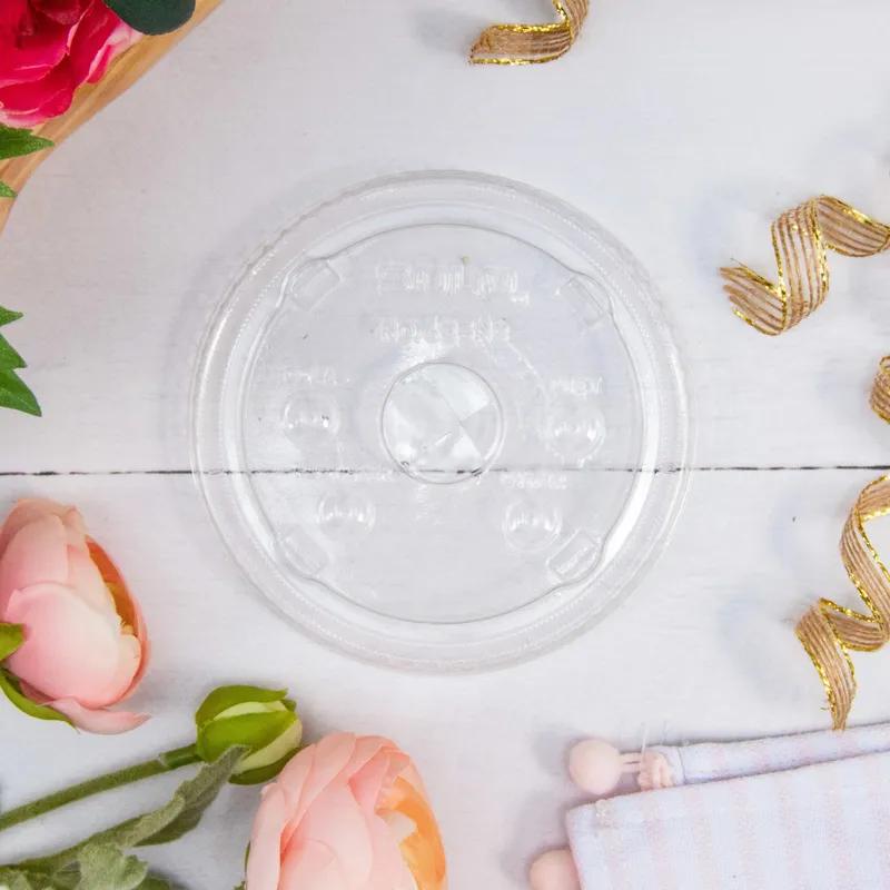 Solo® Lid Flat 4.231X0.41 IN PET Clear For 28-32 OZ Cold Cup Identification With Hole 50 Count/Pack 12 Packs/Case