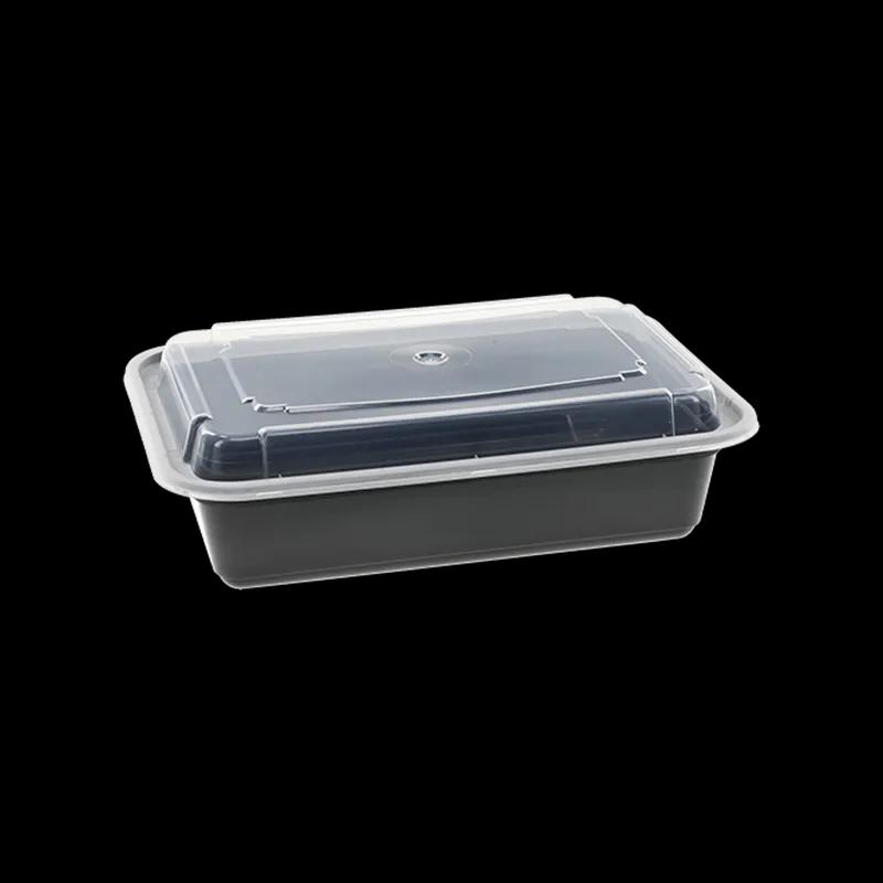 Take-Out Container Base & Lid Combo With Dome Lid 38 OZ PP Black Clear Rectangle 150/Case