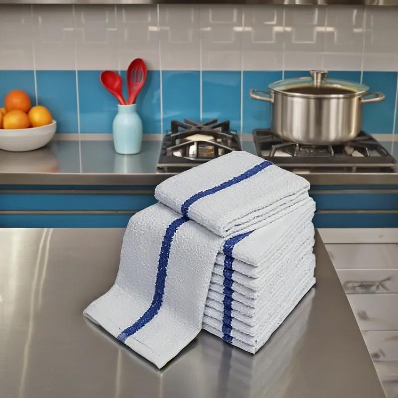 Cleaning Towel 16X9 IN Terry Cloth White Blue Stripe Ribbed 60/Case