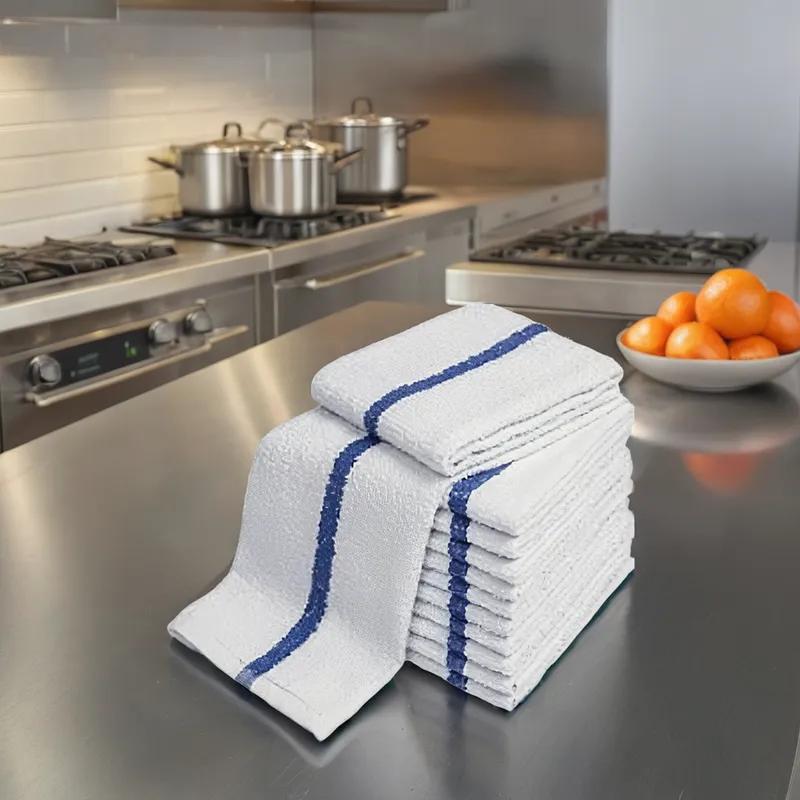 Cleaning Towel 16X9 IN Terry Cloth White Blue Stripe Ribbed 60/Case