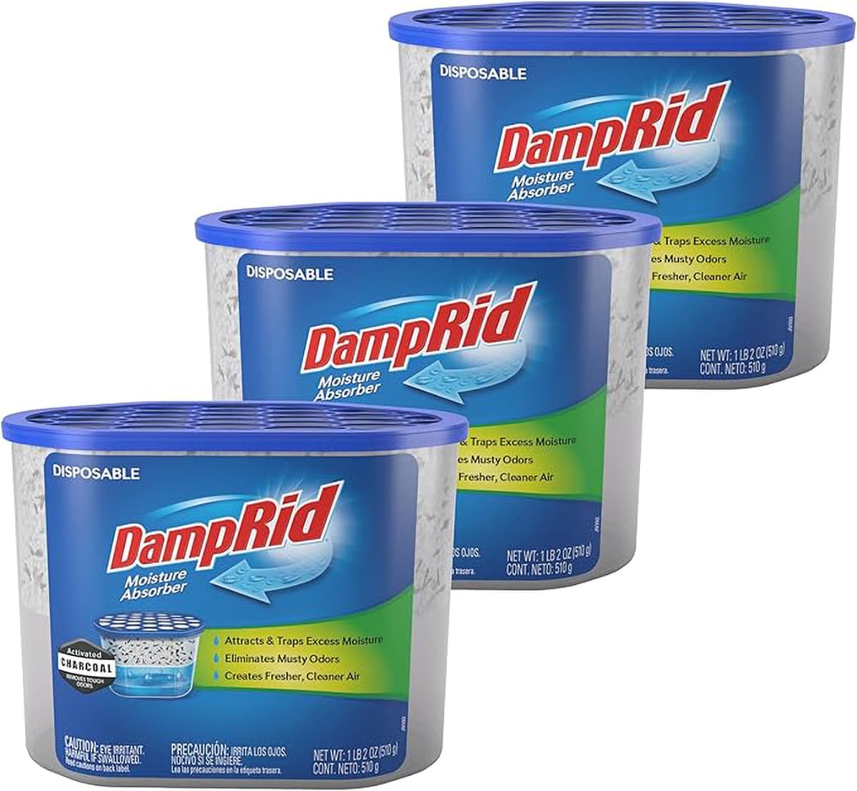 DampRid® Moisture Absorbent 18 OZ Fragrance Free For Areas up to 250 Sq. Ft. With Activated Charcoal 3/Pack