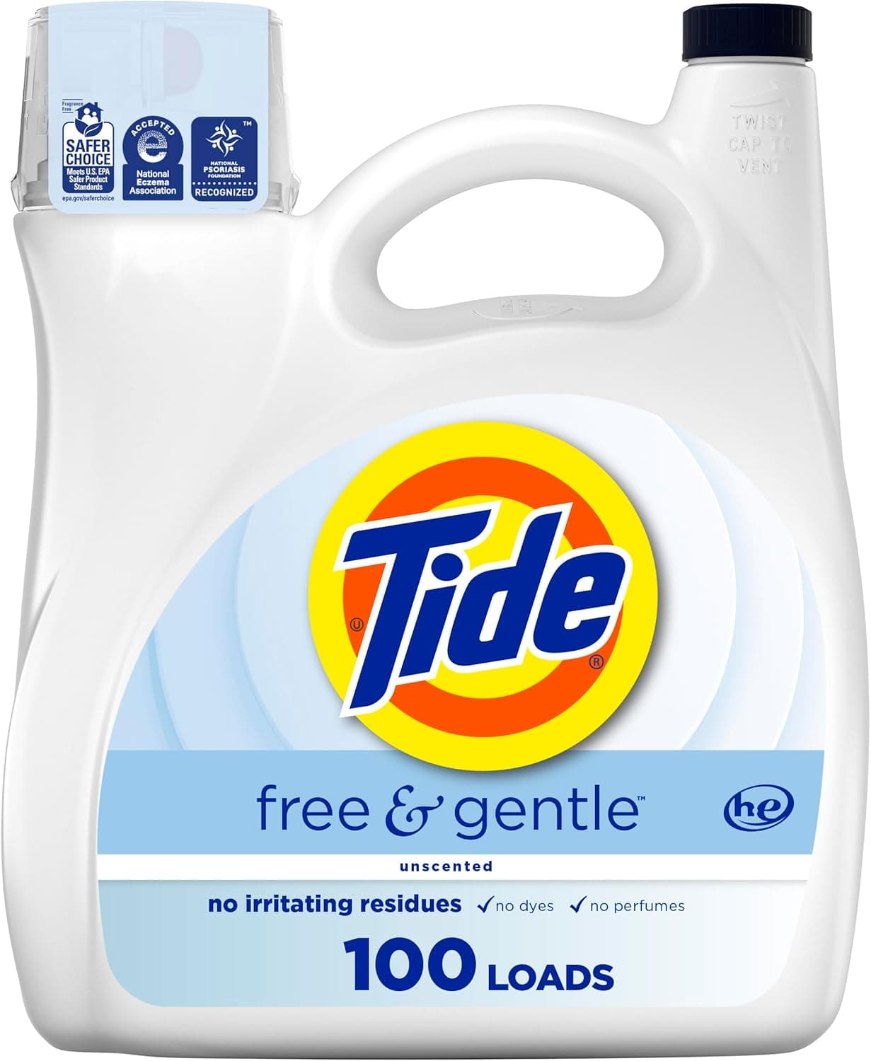 Tide® Free & Gentle Unscented Laundry Detergent 132 OZ Liquid Heavy Duty 100 Loads No Dye 4/Case