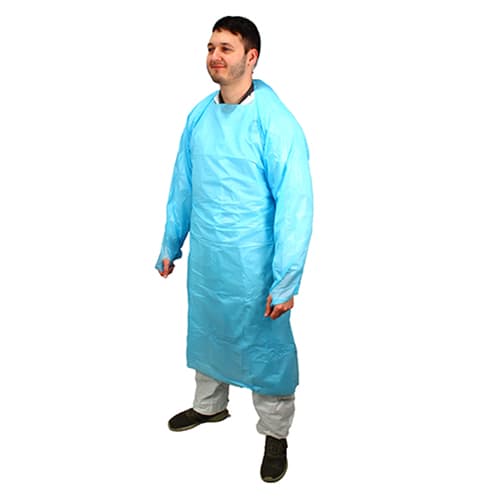 General Purpose Apron XL Blue 4.5MIL PE Disposable Thumb Hole Sleeves Waist Ties 100/Case