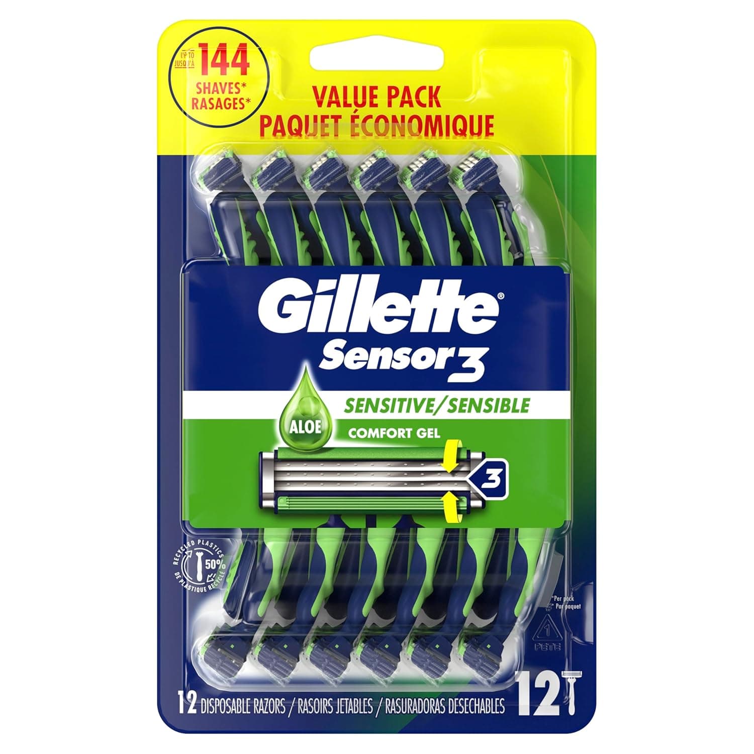 Gillette® Sensor3 Shaving Razor Plastic Sensitive 12/Pack