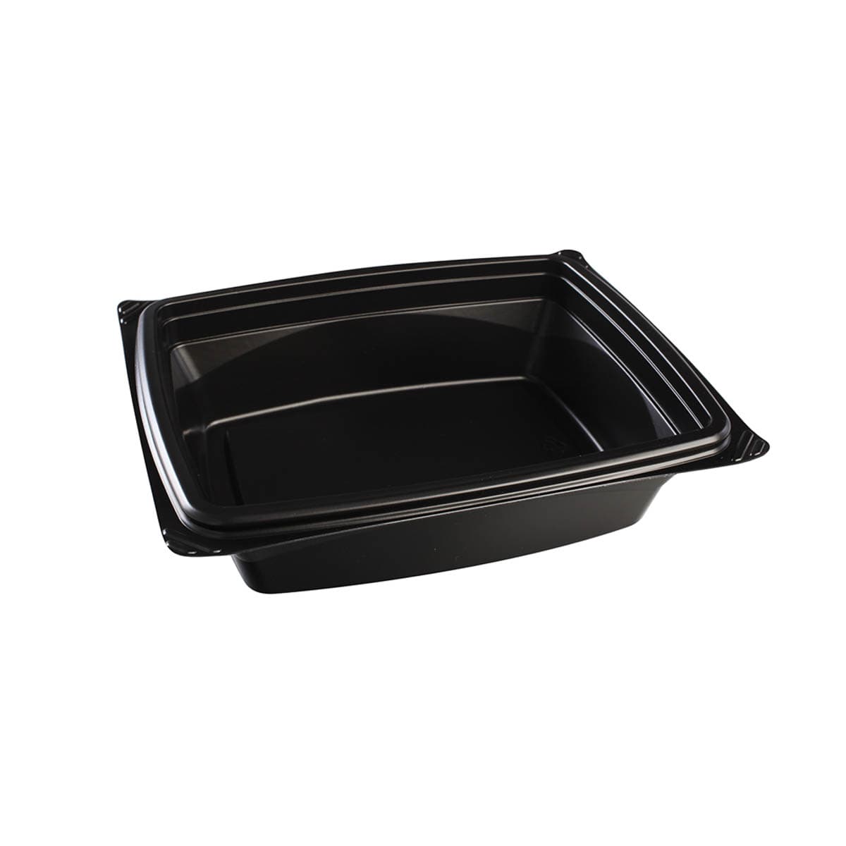 The BOTTLEBOX ® Take-Out Container Base 8X6.5X2.9 IN PP Black Rectangle Squat Microwave Safe Stackable 300/Case