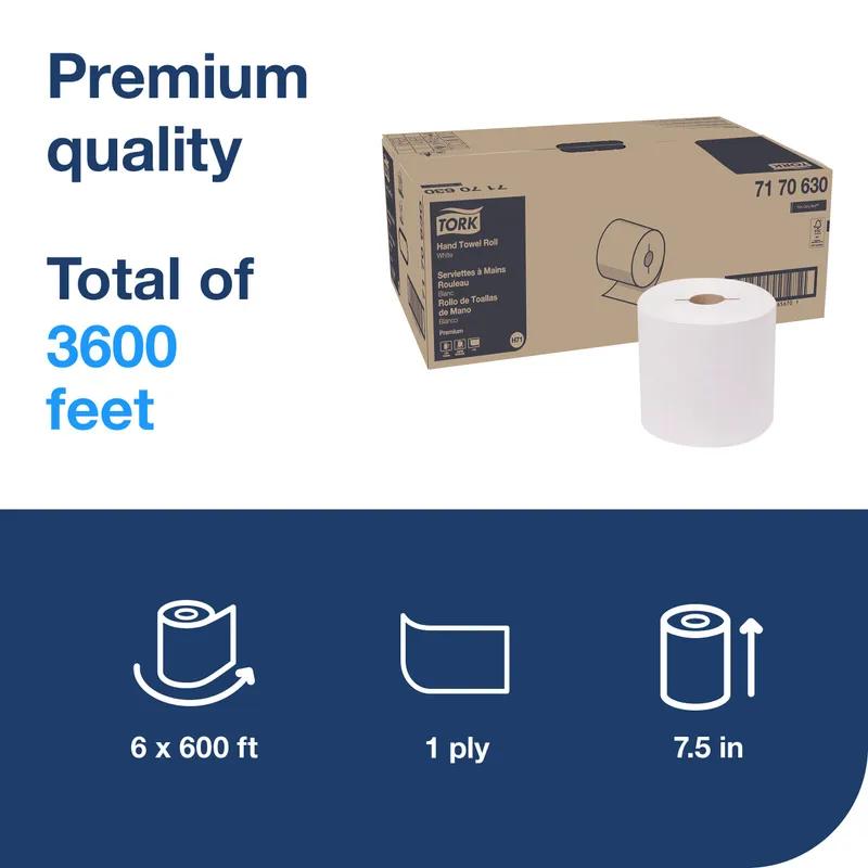 Tork Roll Paper Towel H71 7.5IN X600FT 1PLY White Hard Roll Embossed Premium Refill 1.925IN Core Diameter 6 Rolls/Case