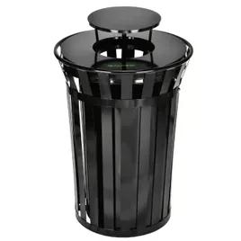 Trash Can 38 GAL Black Metal Outdoor Slatted With Rain Bonnet Lid 1/Each