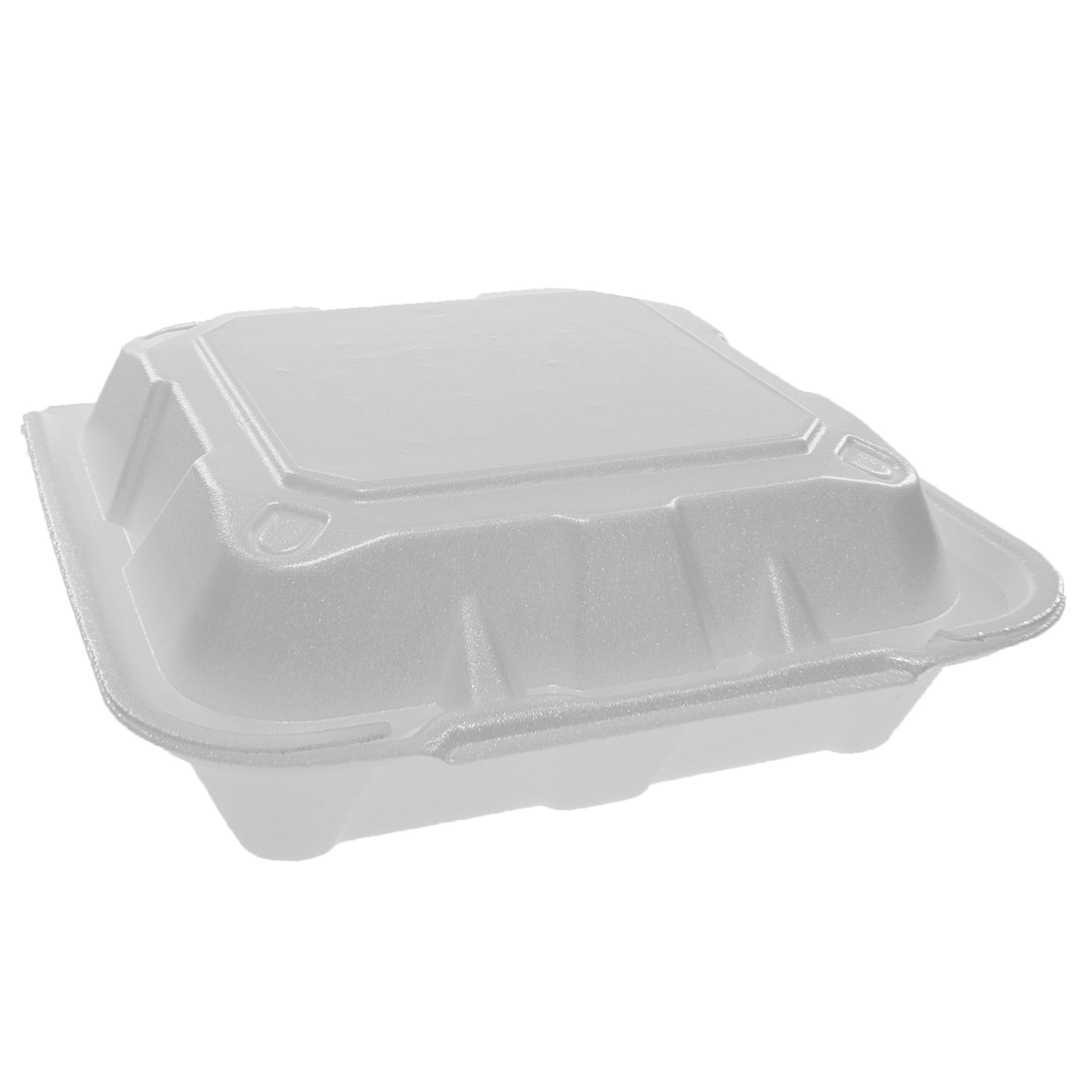 Take-Out Container Hinged With Dome Lid 8.4X8X3 IN Polystyrene Foam White Square Closing Tabs 150/Case