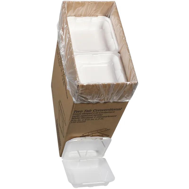 Take-Out Container Hinged With Dome Lid 8.4X8X3 IN Polystyrene Foam White Square Closing Tabs 150/Case