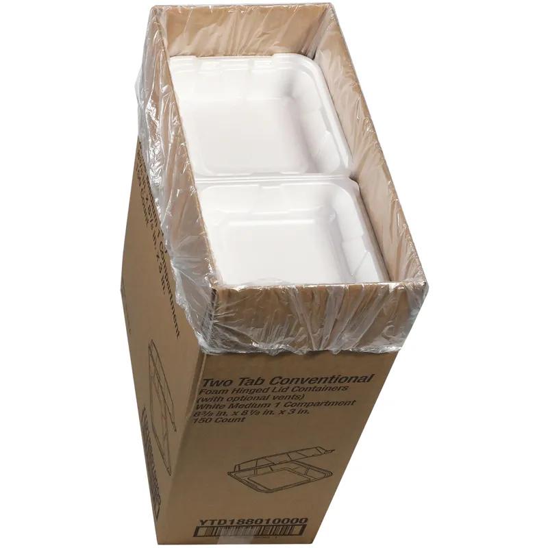 Take-Out Container Hinged With Dome Lid 8.4X8X3 IN Polystyrene Foam White Square Closing Tabs 150/Case