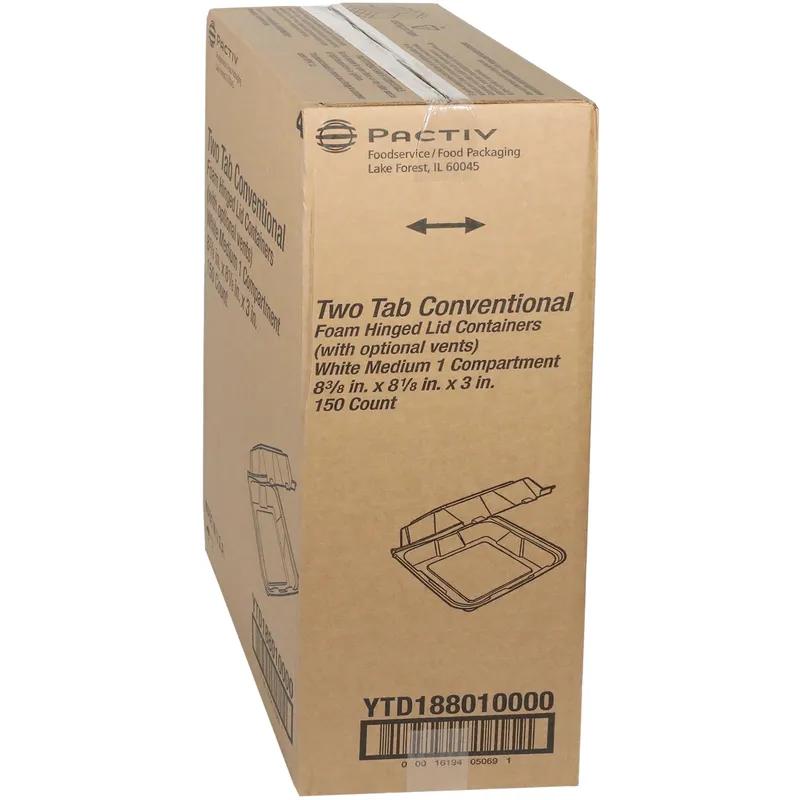 Take-Out Container Hinged With Dome Lid 8.4X8X3 IN Polystyrene Foam White Square Closing Tabs 150/Case