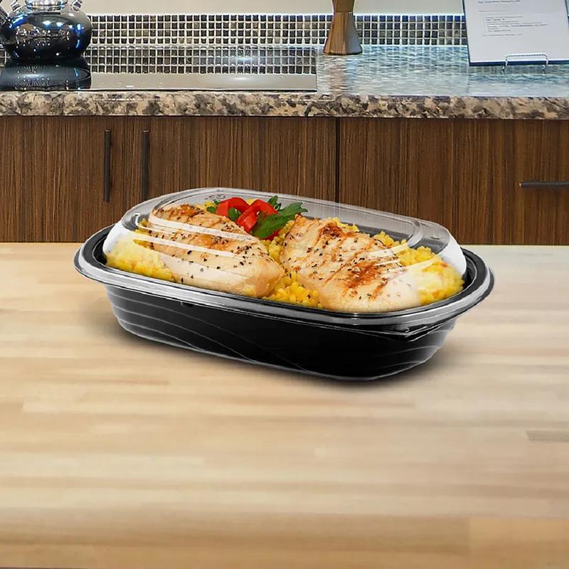 MicroRaves® Food Container Base & Lid Combo With PET Dome Lid 16 OZ PP Black Clear Rectangle 126/Case