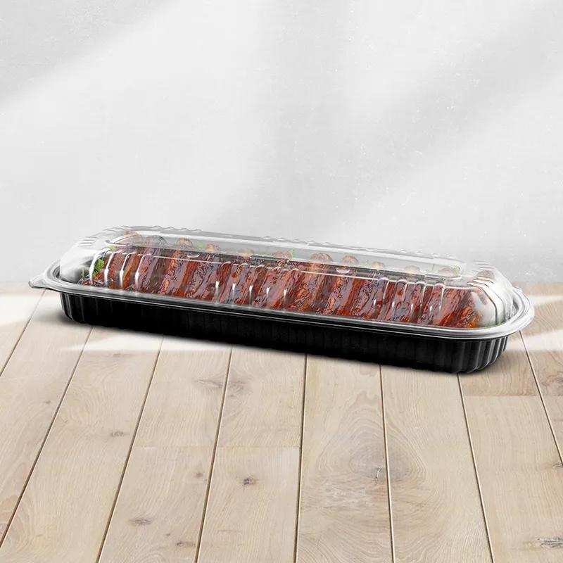 MicroRaves® Full Slab Rib Take-Out Container 48 OZ 16.38X6.76X2.45 IN PP Black Clear Vented Microwave Safe 100/Case