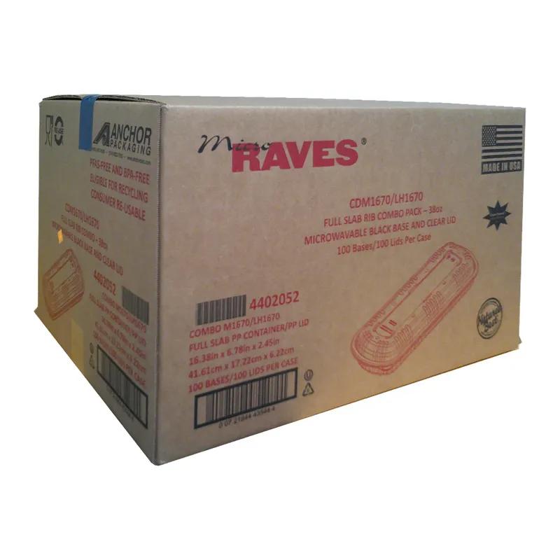 MicroRaves® Full Slab Rib Take-Out Container 48 OZ 16.38X6.76X2.45 IN PP Black Clear Vented Microwave Safe 100/Case