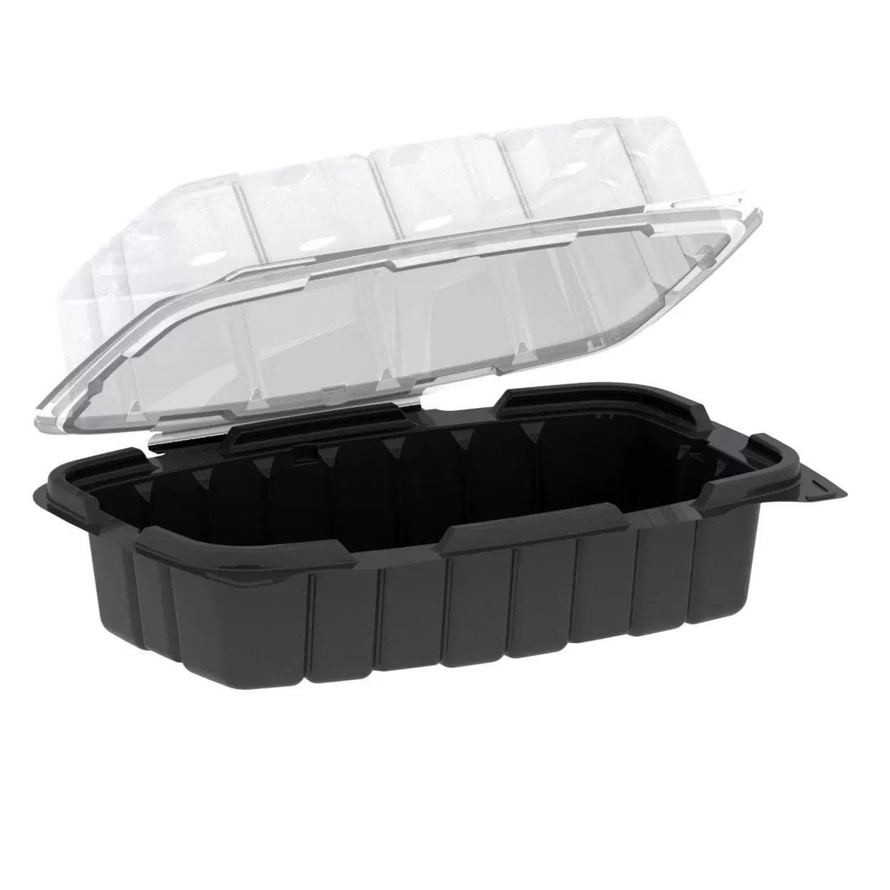 Crisp Food Technologies® Take-Out Container Hinged Base & Lid Combo 30 OZ PP Clear Black Anti-Fog 110/Case