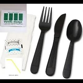 6PC Cutlery Kit PS Black Heavy Duty With Flex Straw,Fork,Knife,Soup Spoon,Teaspoon,Moist Towelette 250/Case