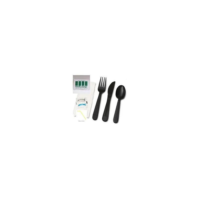 Victoria Bay 6PC Cutlery Kit PS Black Heavy Duty With Flex Straw,Fork,Knife,Soup Spoon,Teaspoon,Moist Towelette 250/Case