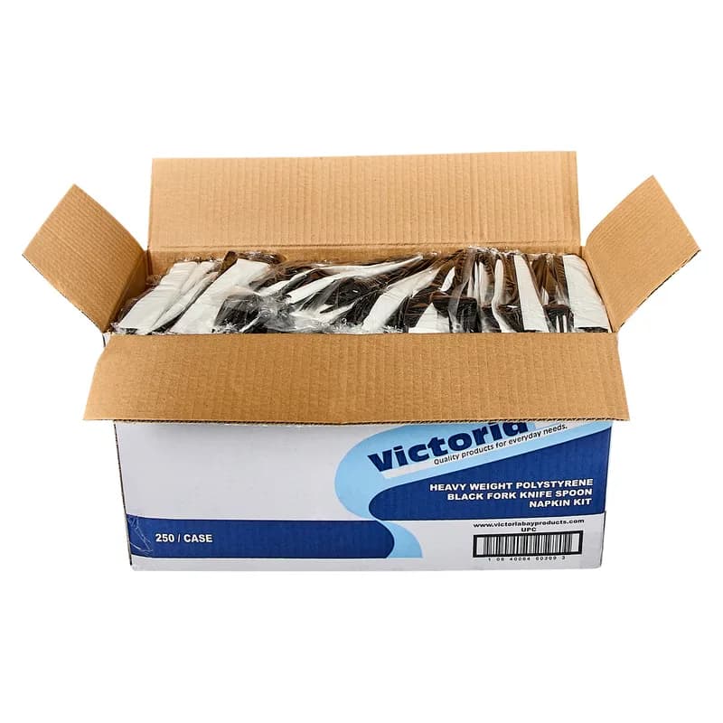 Victoria Bay 4PC Cutlery Kit PS Black Heavy Duty With Napkin,Fork,Knife,Spoon 250/Case