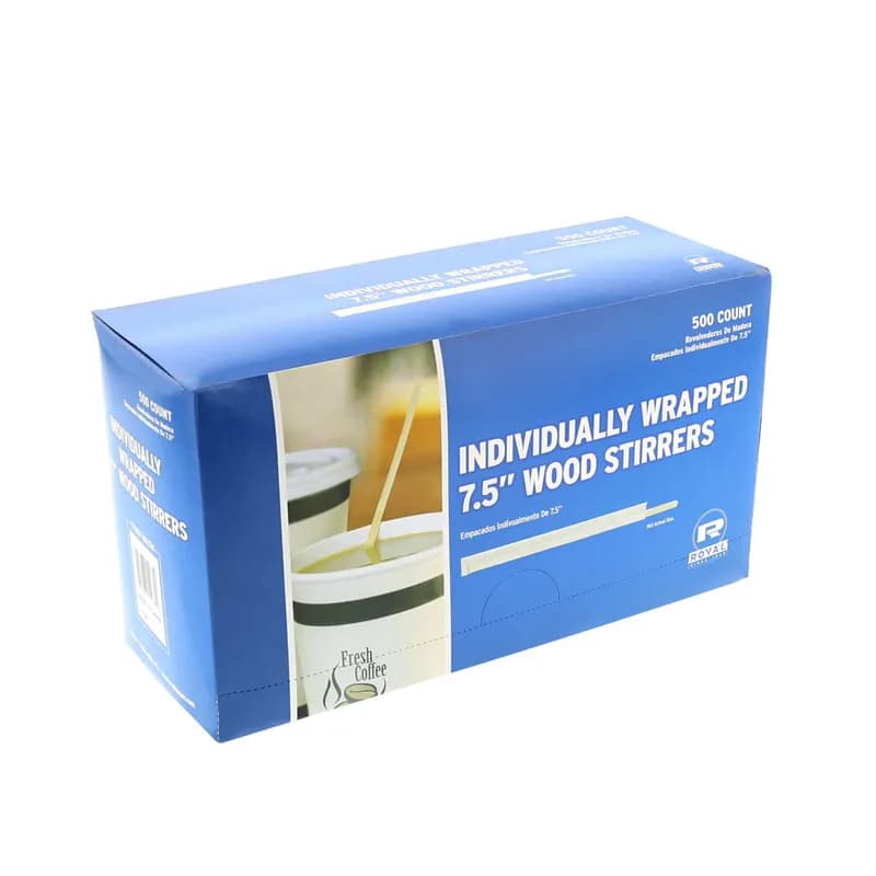 Stirrer 7.5 IN Wood Natural Paper Wrapped Flat 500 Count/Pack 10 Packs/Case 5000 Count/Case