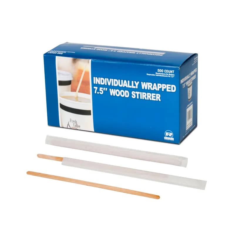 Stirrer 7.5 IN Wood Natural Paper Wrapped Flat 500 Count/Pack 10 Packs/Case 5000 Count/Case