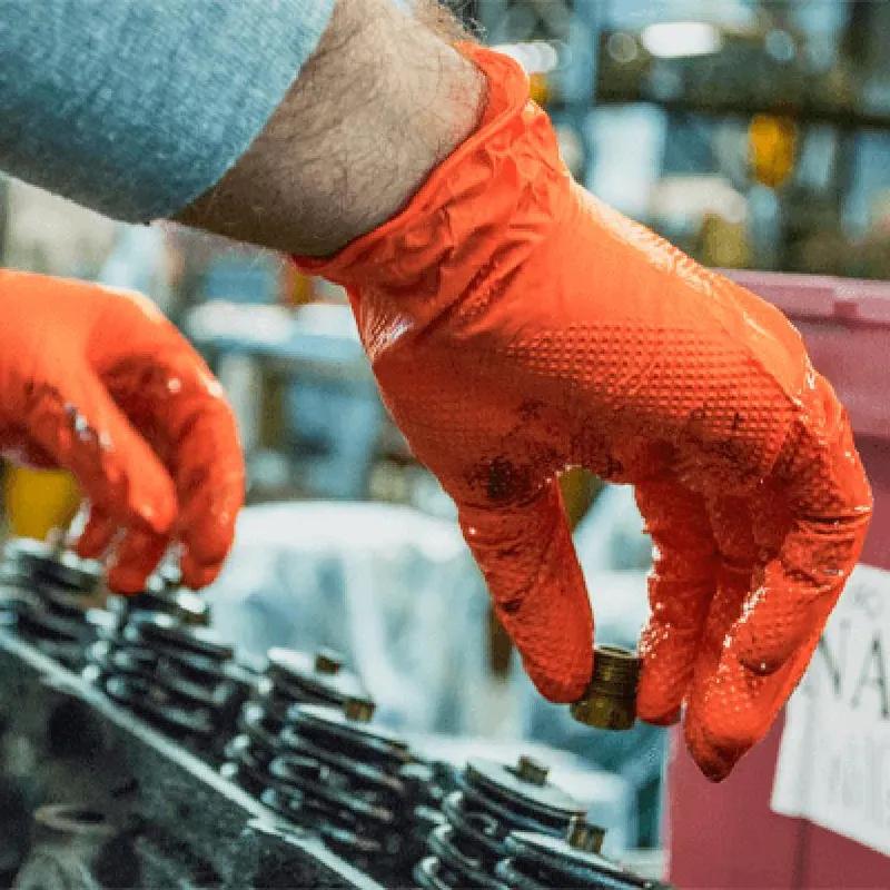 Gloveworks ULTRA™ Gloves Medium (MED) Orange 6MIL Nitrile Flock Lined Raised Diamond Grip 50 Count/Box 10 Box/CS