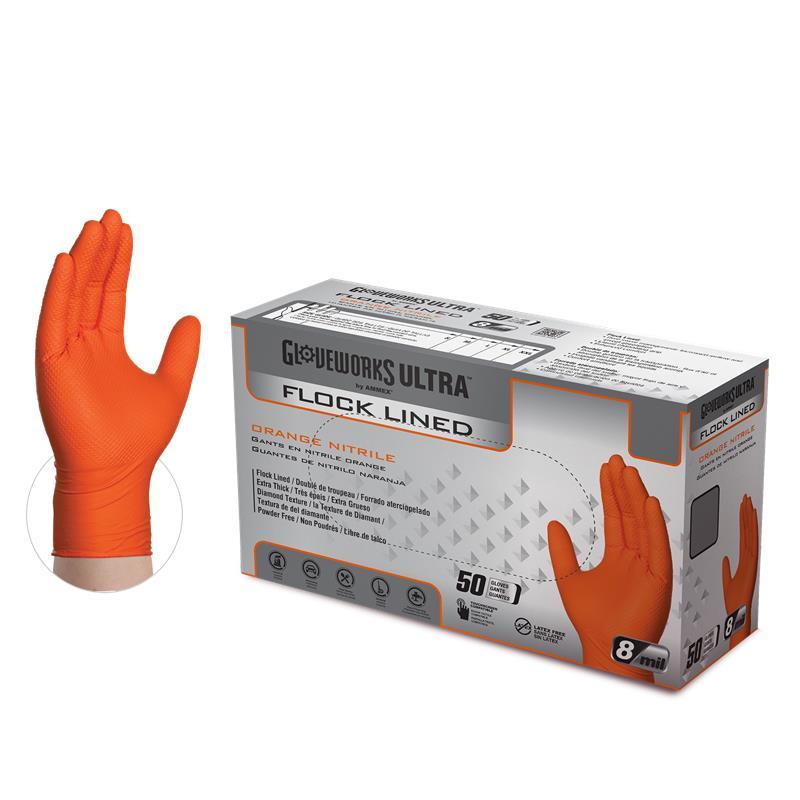 Gloveworks ULTRA™ Gloves Large (LG) Orange 6MIL Nitrile Flock Lined Powder-Free Raised Diamond Grip 50/Box 10 Box/CS
