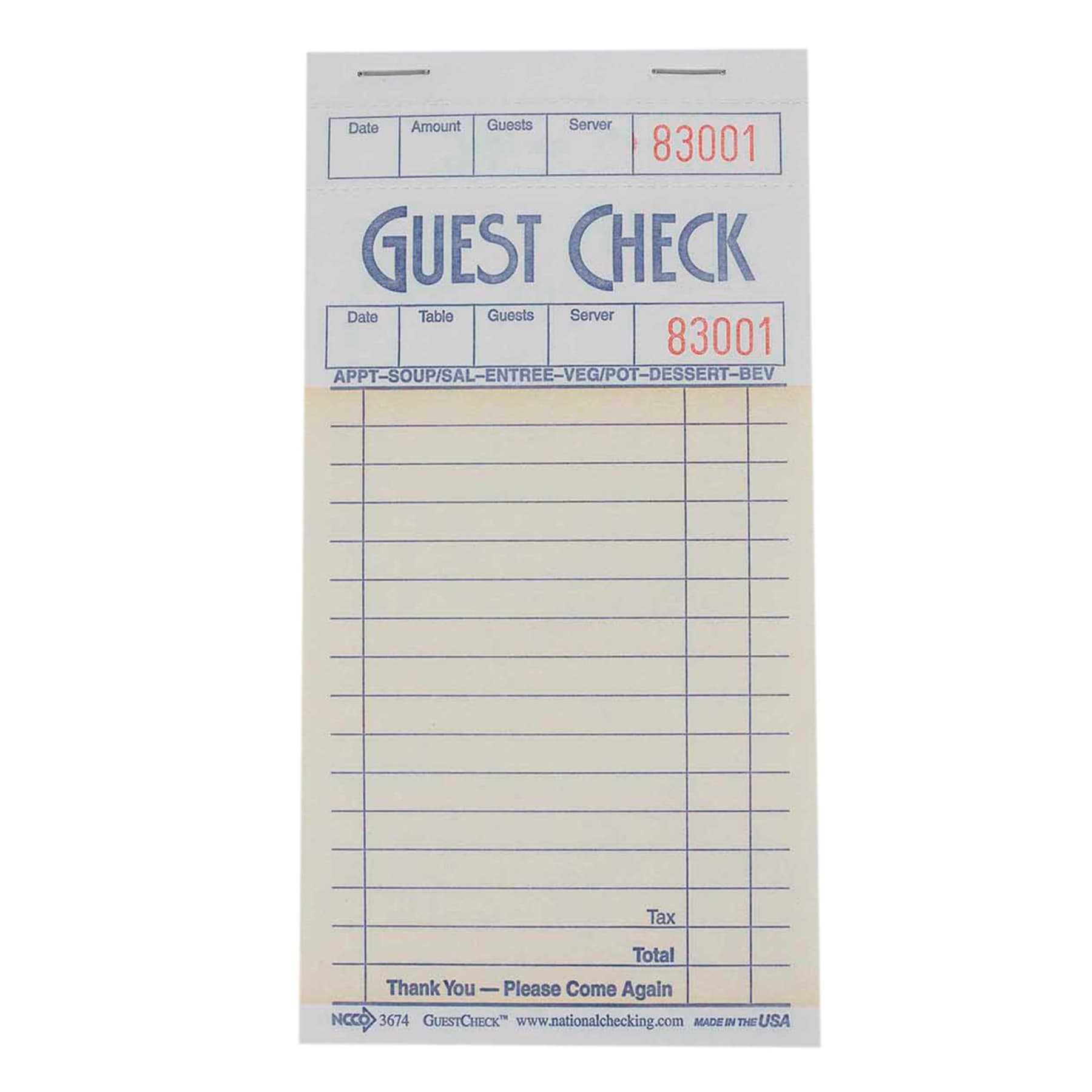 Guest Check Board 3.5X6.75 IN Paper Salmon 16 Lines 50 Sheets/Pack 49 Packs/Case 2500 Count/Case