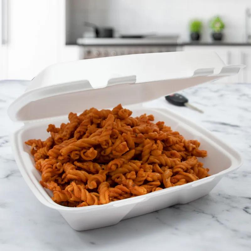 Dart® Take-Out Container Hinged Large (LG) 9.4X9.01X3.1 IN XPS White Insulated Convertible 100 Count/Pack 2 Packs/Case