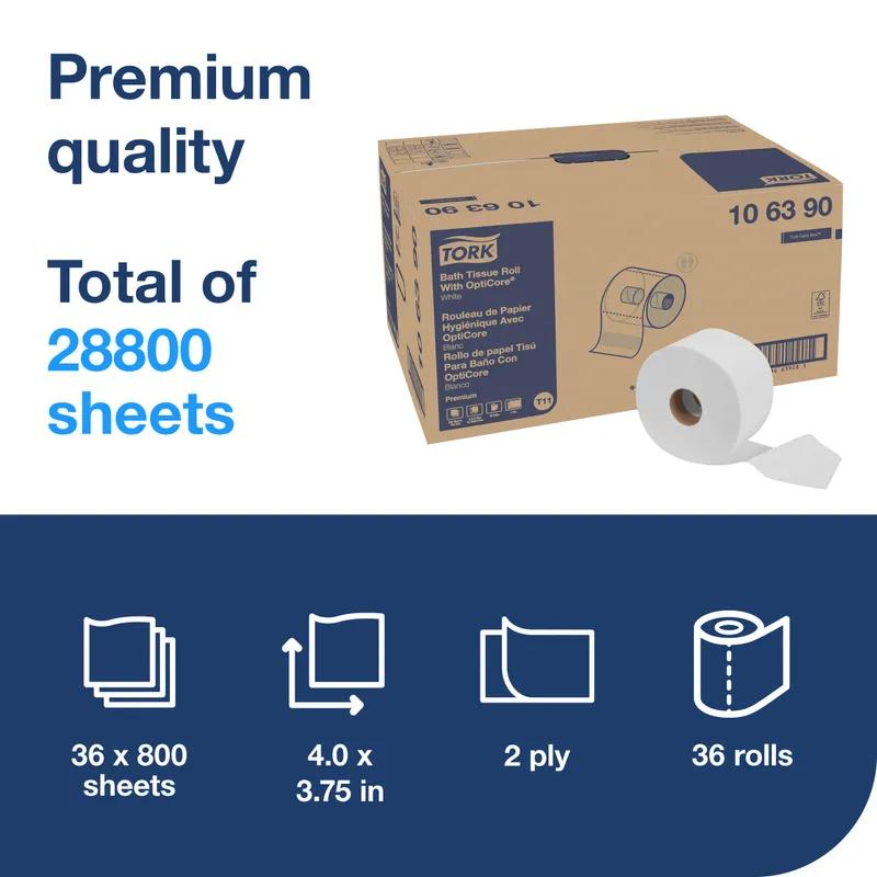 Tork OptiCore® Toilet Paper & Tissue Roll T11 4X3.75 IN 266.667 FT 2PLY White Premium Embossed 800 Sheets/Roll 36 Rolls/Case