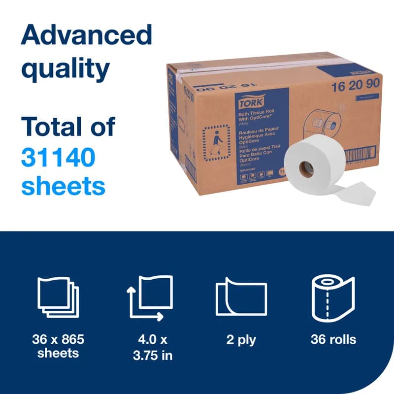 Tork OptiCore® Dublnature Toilet Paper & Tissue Roll T11 4X3.75 IN 289 FT 2PLY White Embossed Refill 865 Sheets/Roll