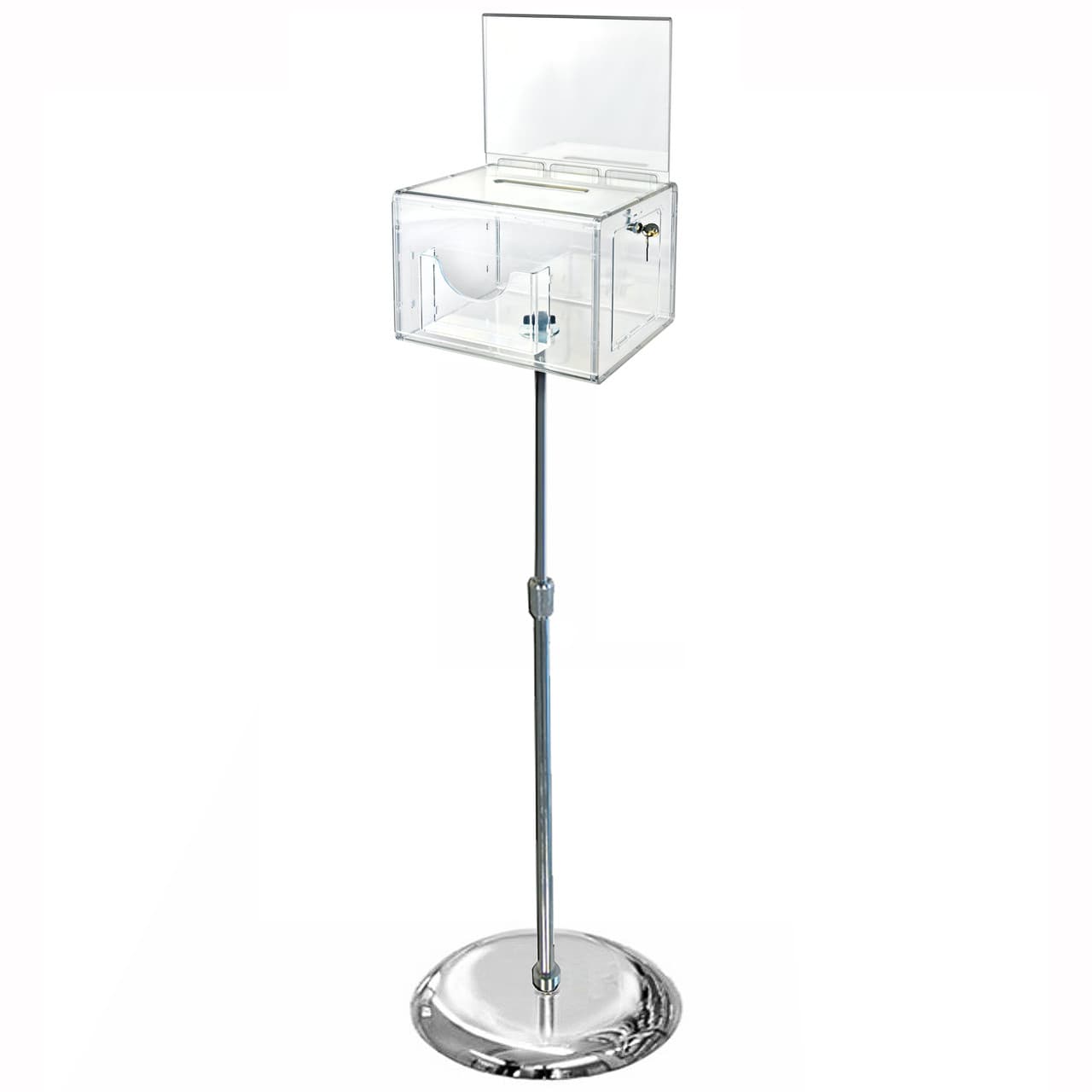 Suggestion Box XL 8.25X11X8.25 IN Acrylic Clear Adjstbl Pedestal Flr Stnd W/Pkt, Lock & Keys on Pdsl Max Ht 54IN 1/Each