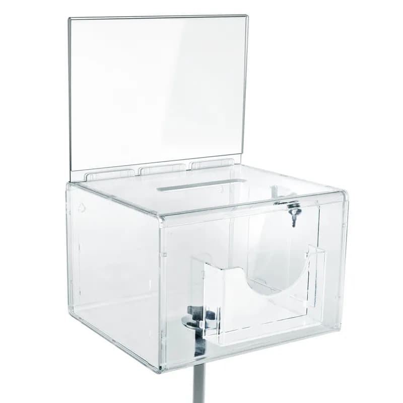 Suggestion Box XL 8.25X11X8.25 IN Acrylic Clear Adjstbl Pedestal Flr Stnd W/Pkt, Lock & Keys on Pdsl Max Ht 54IN 1/Each