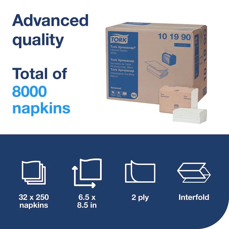 Tork Advanced Xpressnap® Dispenser Napkins 8.50X6.50 IN White Paper 2PLY Interfold 250 Count/Pack 32 Packs/Case