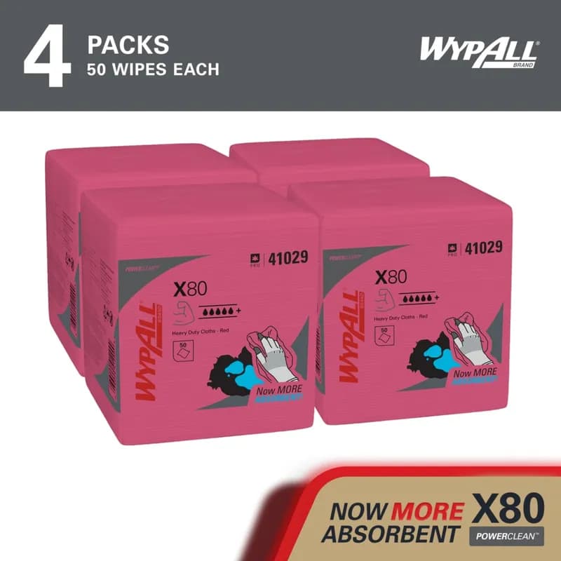 WypAll® X80 Cleaning Cloth 12.5X12 IN Red 1/4 Fold Heavy Duty 50 Count/Pack 4 Packs/Case 200 Count/Case