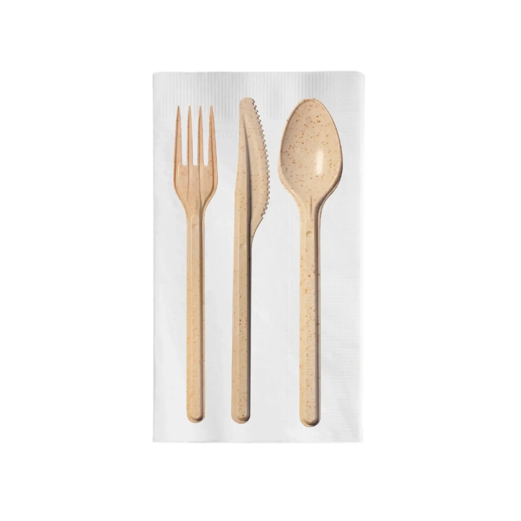 CompostZero 4PC Cutlery Kit Biopolymer Resin Natural Bulk With Napkin,Fork,Knife,Spoon 100/Case