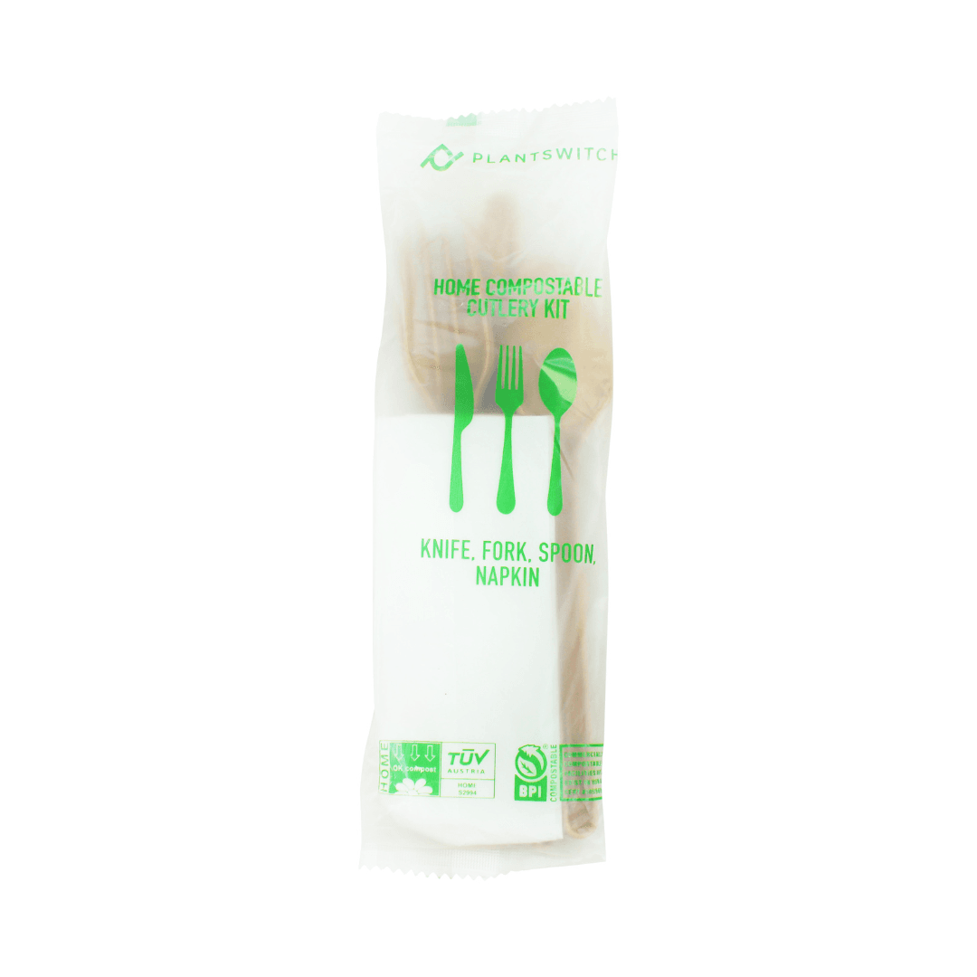 CompostZero™ 4PC Cutlery Kit 6.75 IN Natural With 2PLY 9X8 IN Napkin,Fork,Knife,Spoon 500 Count/Pack 4 Packs/Case