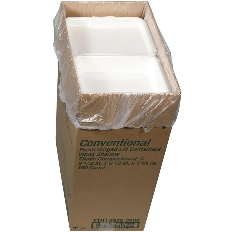 Take-Out Container Hinged With Dome Lid 9X6.5X1.6 IN Polystyrene Foam White Rectangle Shallow 150/Case